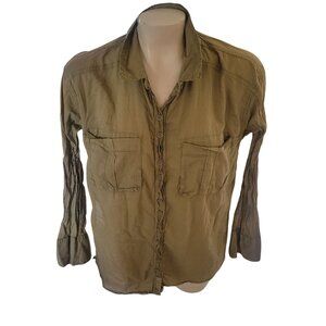 WE THE FREE Wrinkled Chic Olive Button-Up Shirt With‎ Pockets & Sleeve Detail